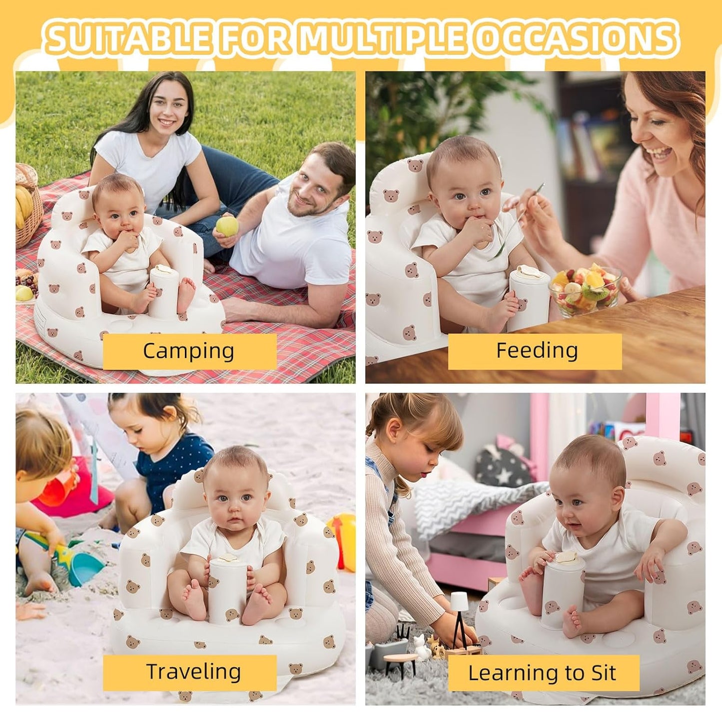Inflatable Baby Seat for Babies 3-36 Months, Built in Air Pump Children Baby Sofa, Bumbo Seat for Learning to Sit, Feeding
